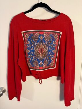 Zara Red Cropped Sweatshirt with Blue Paisley Panel Small